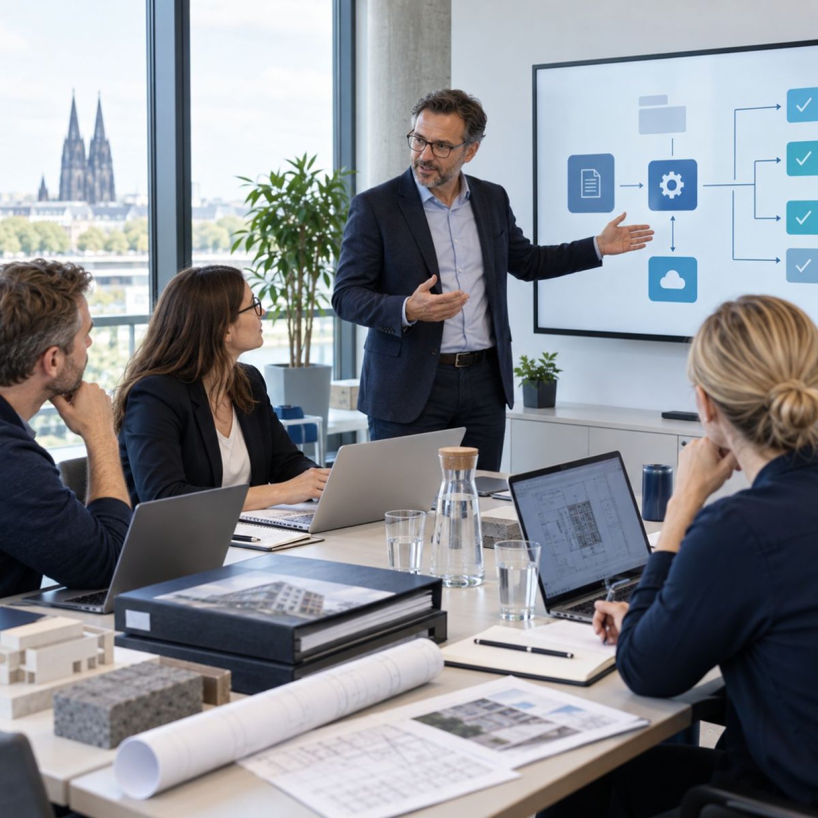 Illustrative Workshopszene: Dokumente und Arbeitsabläufe gemeinsam besprechen